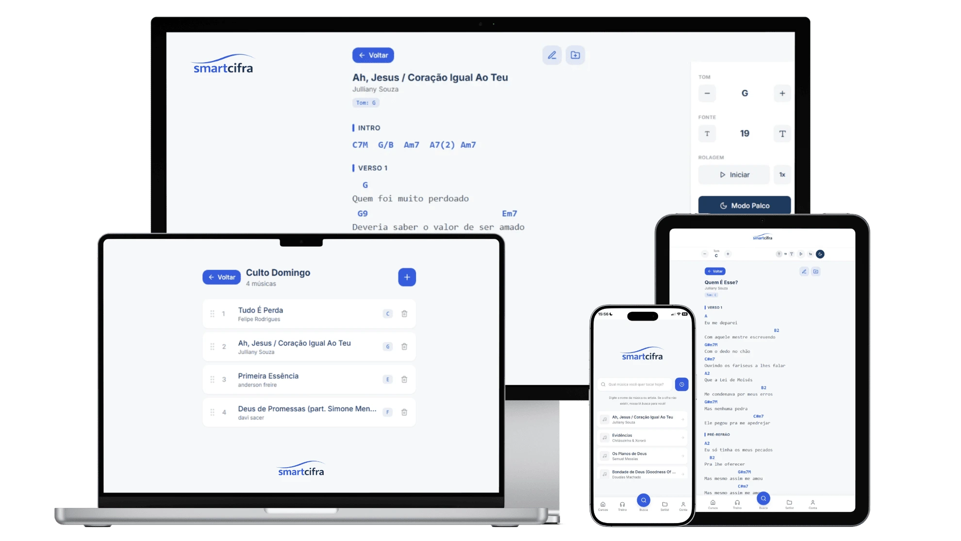 SmartCifra funcionando em celular, tablet e desktop ao mesmo tempo